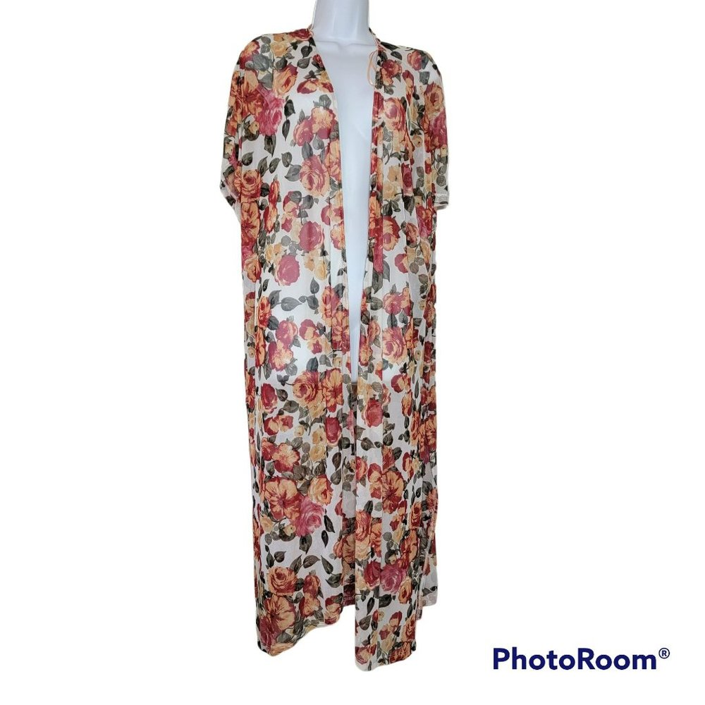 Good Luck Gem Women's Small Mesh Floral Long Kimino with Short Sleeves EUC